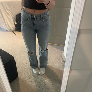 American Eagle Blue Straight Leg Jeans with Distressed Details